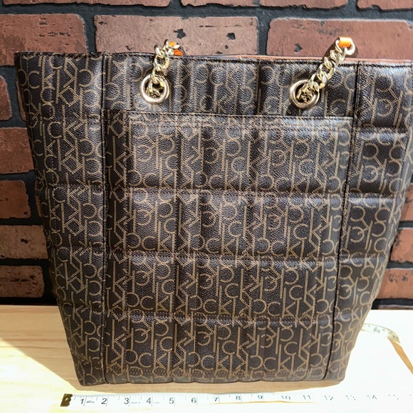 Calvin Klein Brown Monogram Quilted Tote with Yellow Trim - Picture 3 of 8